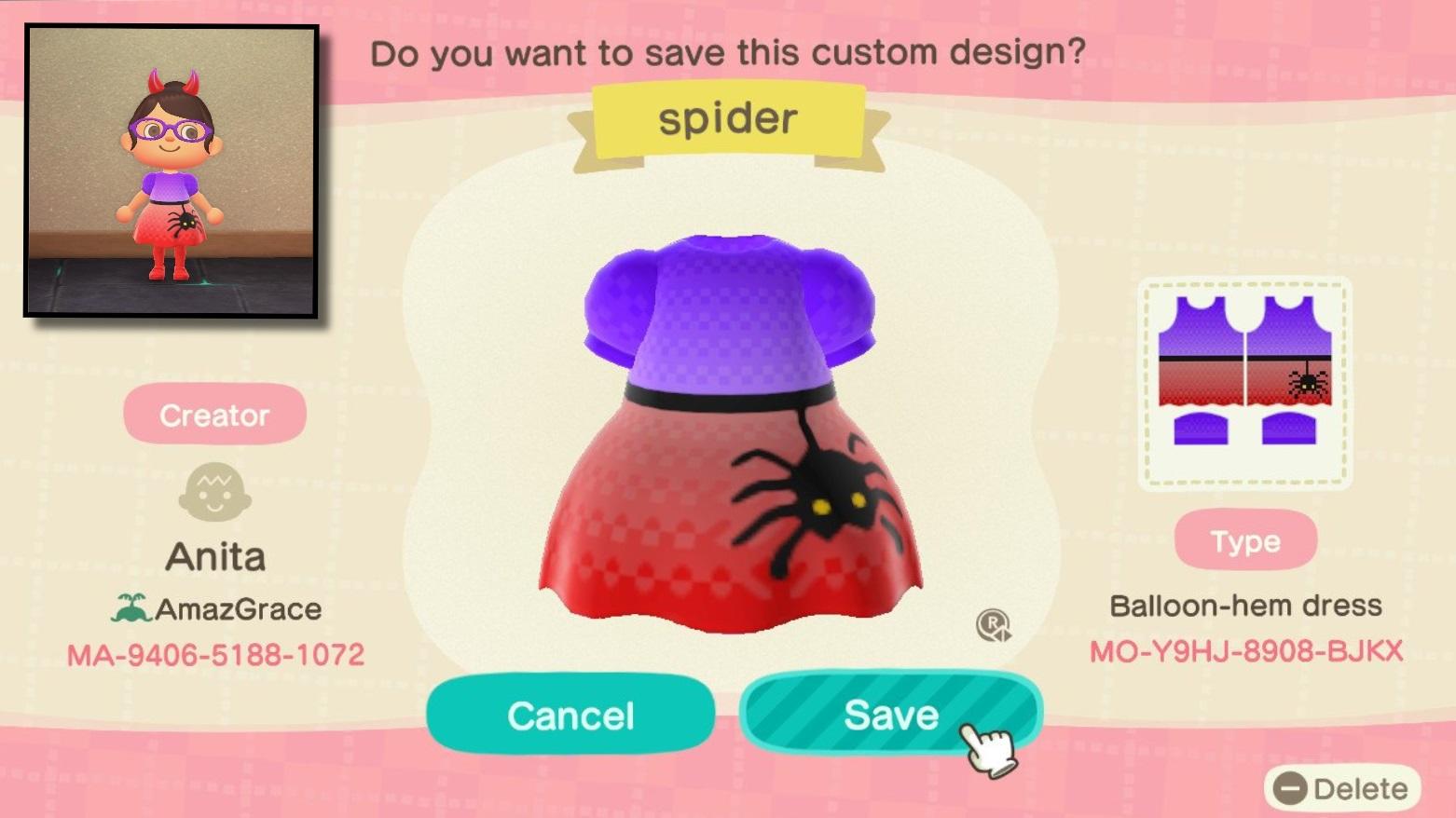 Animal Crossing Design Code: MO-Y9HJ-8908-BJKX Spider dress