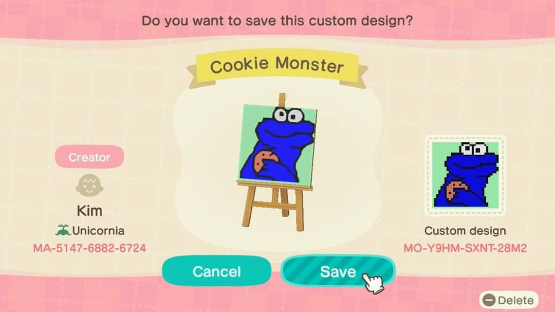 Animal Crossing Design Code: MO-Y9HM-SXNT-28M2 Cookie Monster