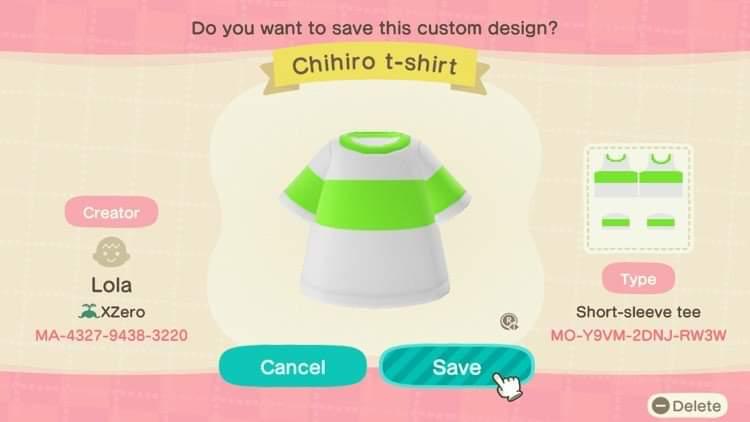 Animal Crossing Design Code: MO-Y9VM-2DNJ-RW3W Chihiro t-shirt