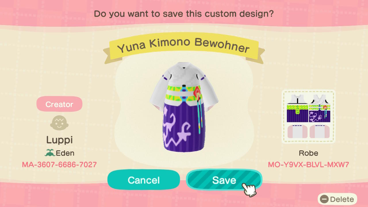 Animal Crossing Design Code: MO-Y9VX-BLVL-MXW7 Yuna Kimono w/o skin