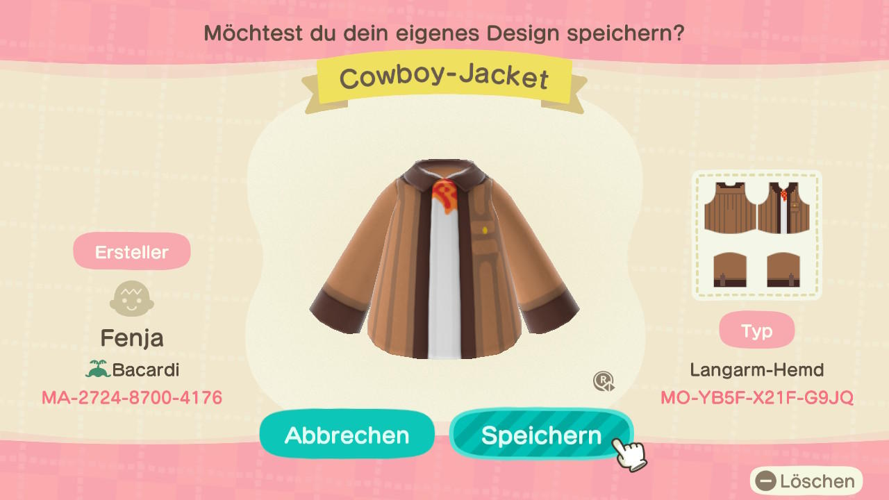 Animal Crossing Design Code: MO-YB5F-X21F-G9JQ Cowboy-Jacket