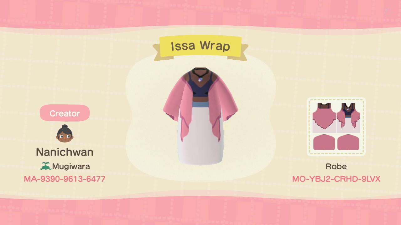 Animal Crossing Design Code: MO-YBJ2-CRHD-9LVX Issa Wrap(8skins)