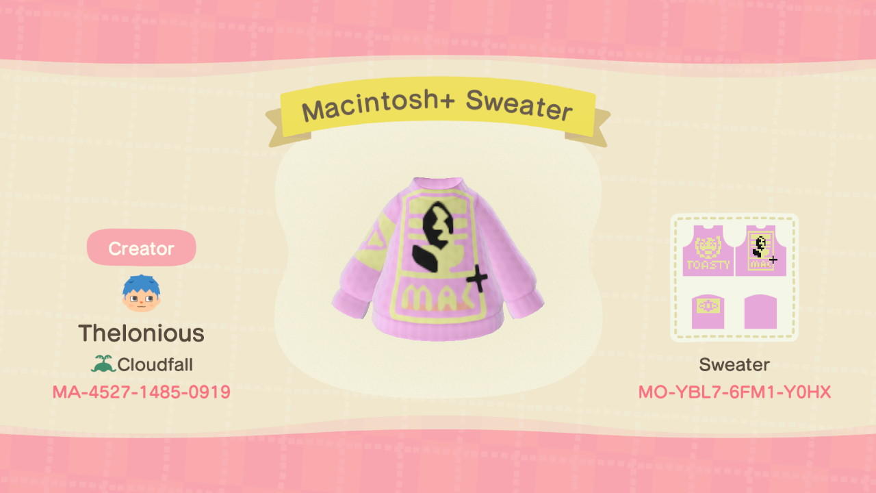 Animal Crossing Design Code: MO-YBL7-6FM1-Y0HX Macintosh+ Sweater