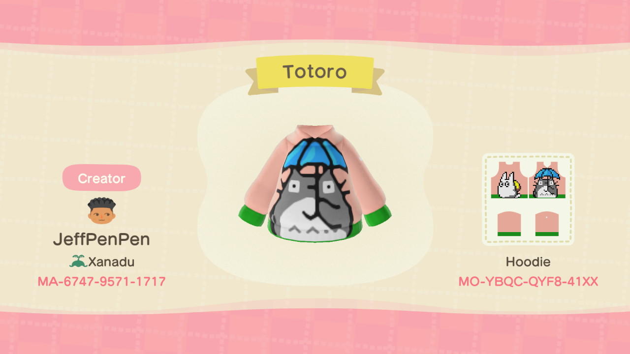 Animal Crossing Design Code: MO-YBQC-QYF8-41XX Totoro Hoodie