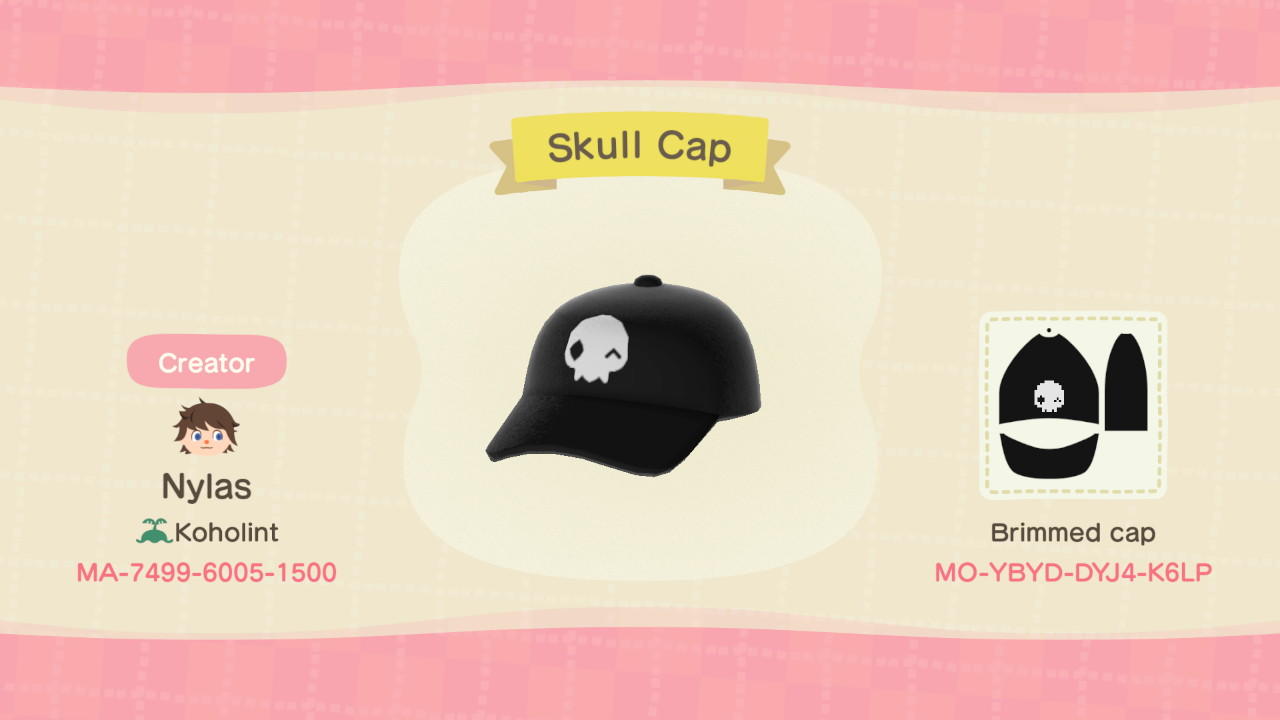 Animal Crossing Design Code: MO-YBYD-DYJ4-K6LP Skull Cap