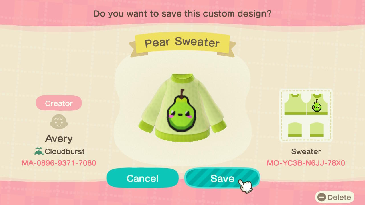 Animal Crossing Design Code: MO-YC3B-N6JJ-78X0 Pear Sweater