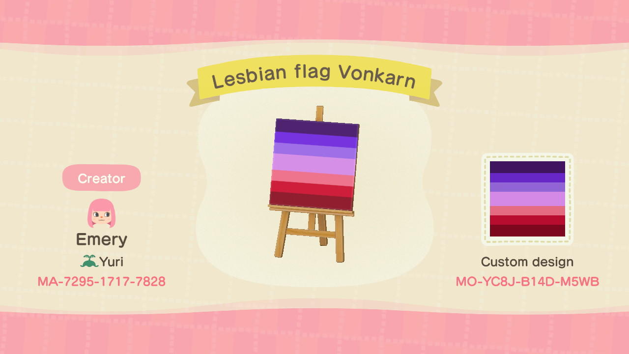 Animal Crossing Design Code: MO-YC8J-B14D-M5WB Lesbian flag Vonkarn