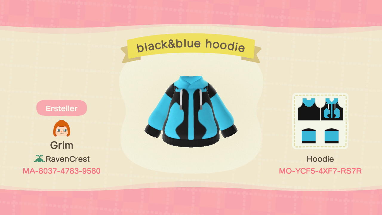 Animal Crossing Design Code: MO-YCF5-4XF7-RS7R black&blue hoodie