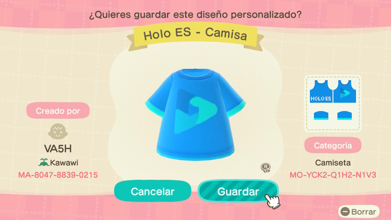 Animal Crossing Design Code: MO-YCK2-Q1H2-N1V3 Holo ES - Camisa