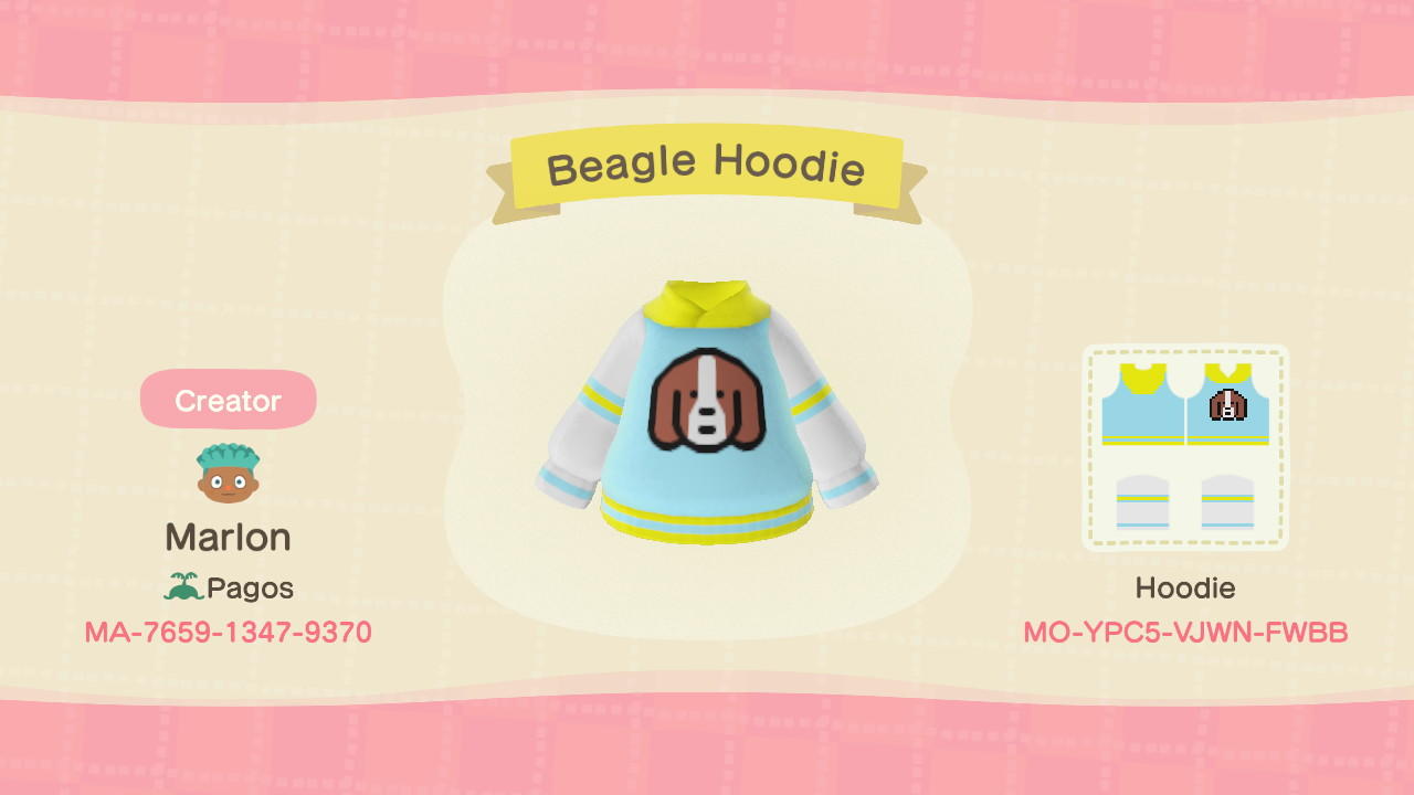 Animal Crossing Design Code: MO-YCP5-VJWN-FWBB Beagle Hoodie
