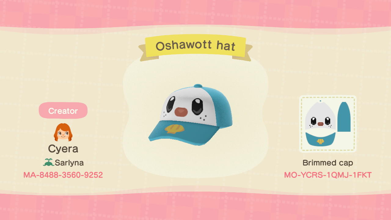Animal Crossing Design Code: MO-YCRS-1QMJ-1FKT Oshawott hat