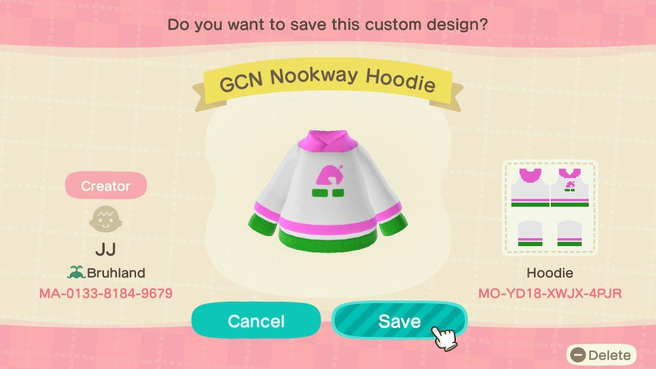 Animal Crossing Design Code: MO-YD18-XWJX-4PJR GCN Nookway Hoodie