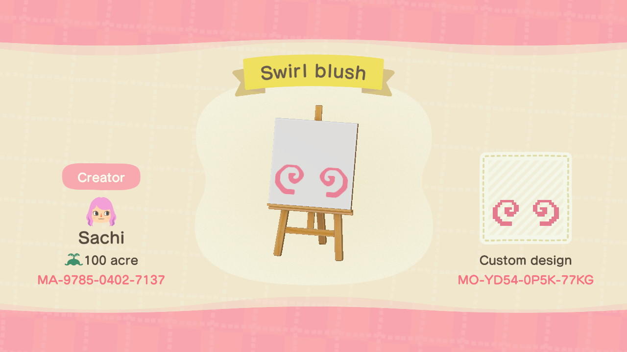 Animal Crossing Design Code: MO-YD54-0P5K-77KG Swirl blush