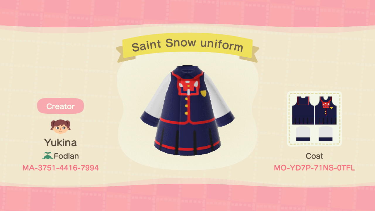 Animal Crossing Design Code: MO-YD7P-71NS-0TFL Saint Snow Uniform
