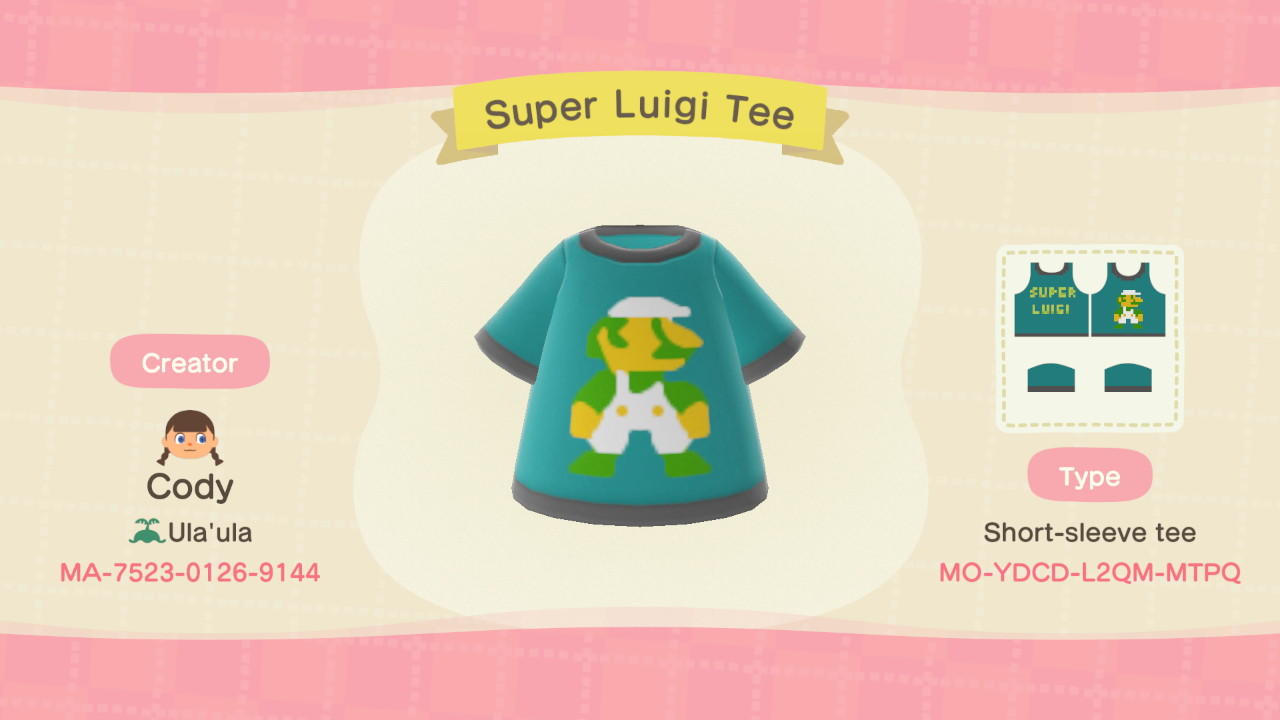 Animal Crossing Design Code: MO-YDCD-L2QM-MTPQ Super Luigi Tee