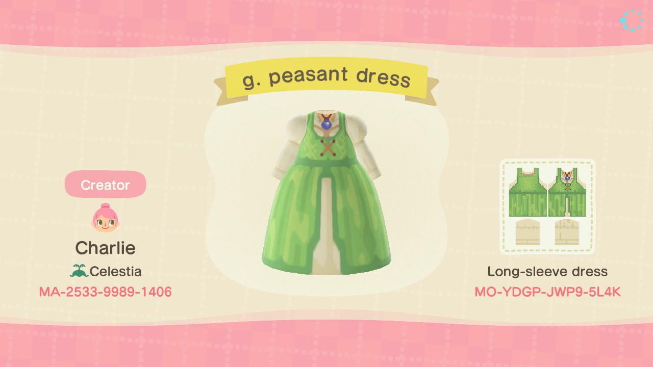 Animal Crossing Design Code: MO-YDGP-JWP9-5L4K g. peasant dress