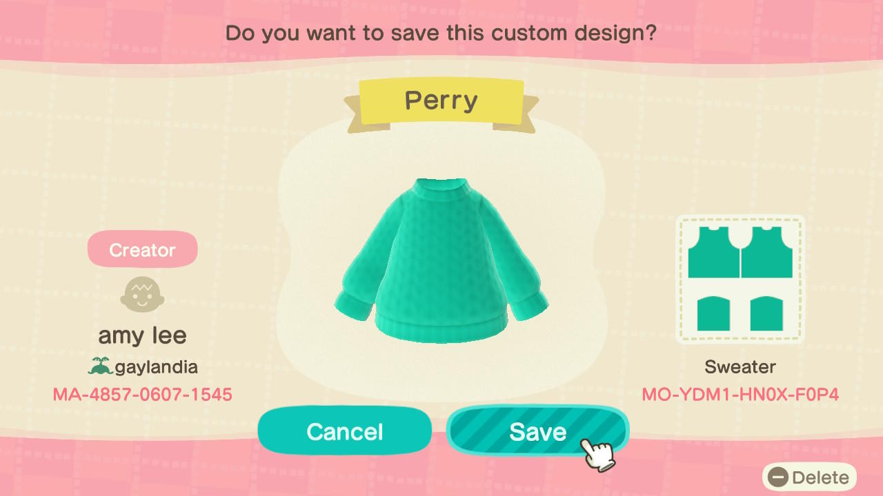 Animal Crossing Design Code: MO-YDM1-HN0X-F0P4 Perry