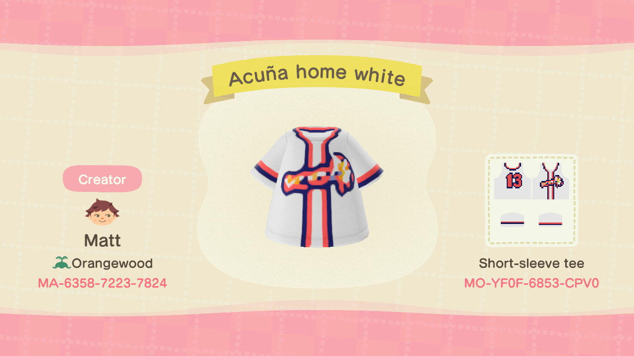Animal Crossing Design Code: MO-YF0F-6853-CPV0 Braves Acuna 13