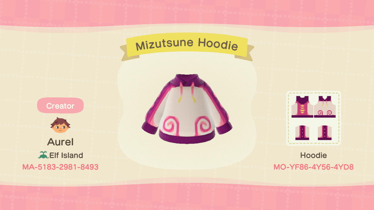 Animal Crossing Design Code: MO-YF86-4Y56-4YD8 Mizutsune hoodie