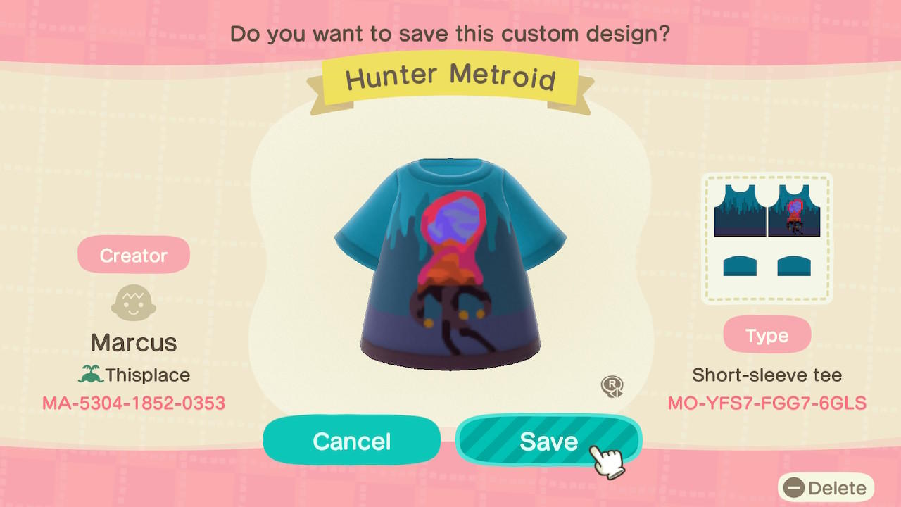 Animal Crossing Design Code: MO-YFS7-FGG7-6GLS Hunter Metroid