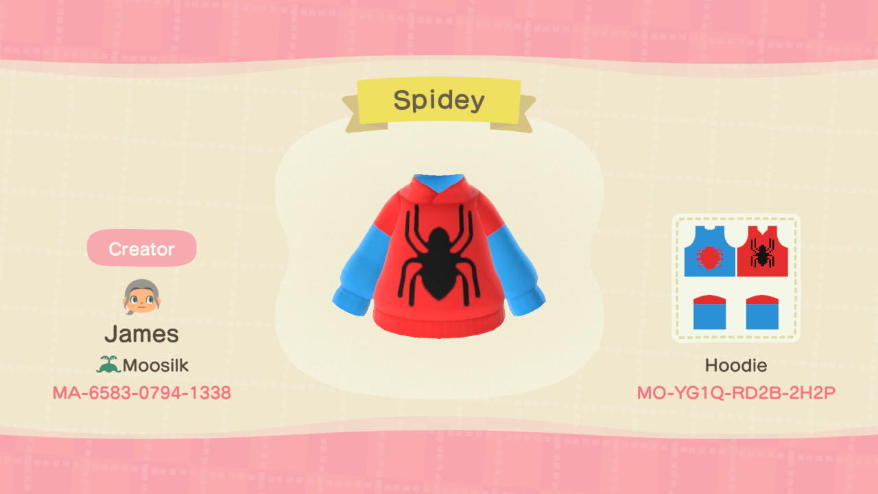 Animal Crossing Design Code: MO-YG1Q-RD2B-2H2P Spidey Hoodie