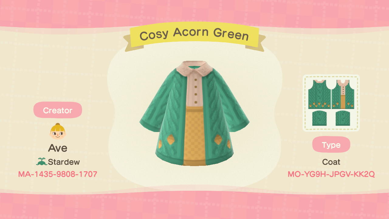 Animal Crossing Design Code: MO-YG9H-JPGV-KK2Q Acorn Cardigan Green