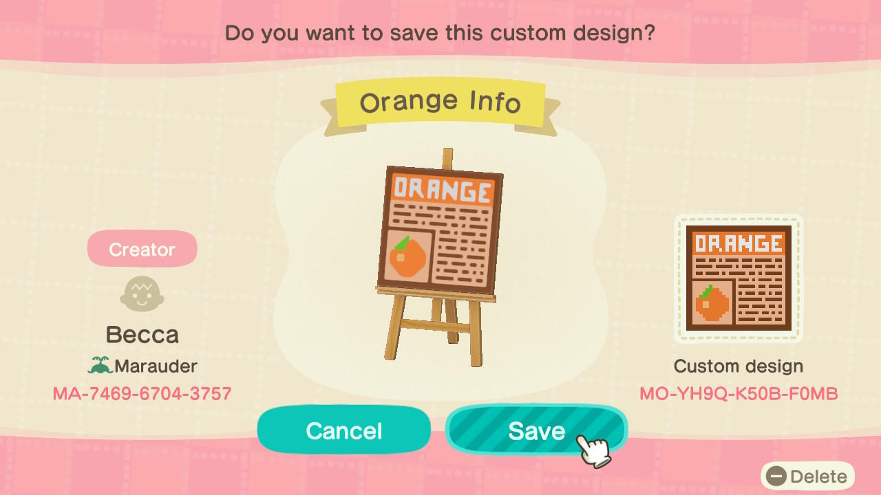 Animal Crossing Design Code: MO-YG9Q-K50B-F0MB Orange Info