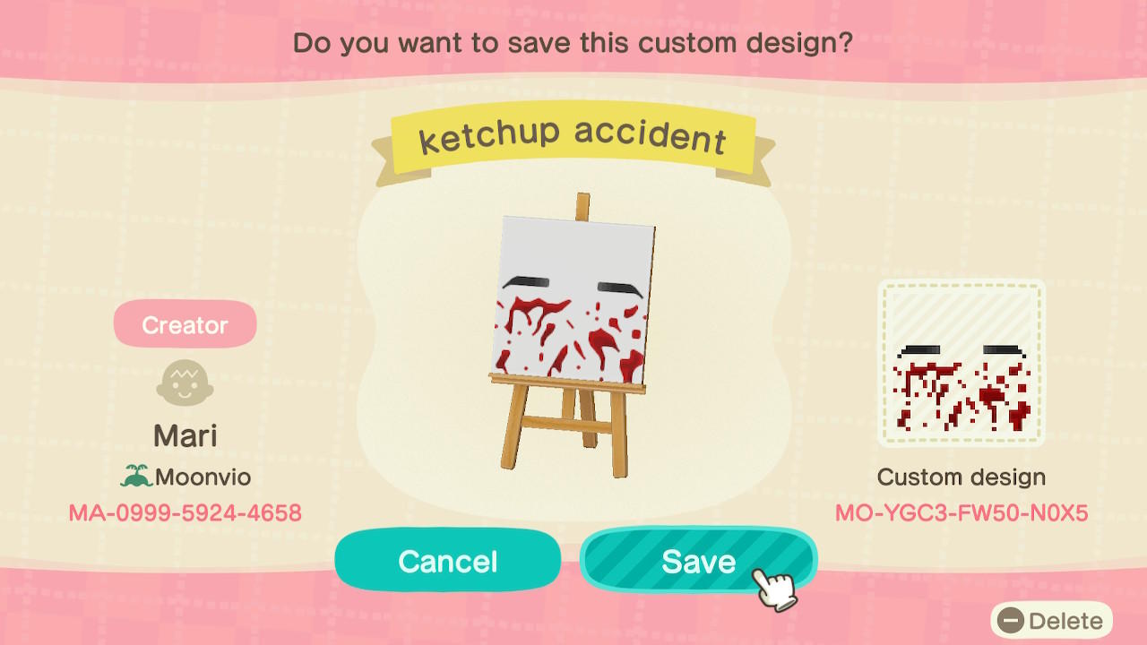 Animal Crossing Design Code: MO-YGC3-FW50-N0X5 ketchup accident