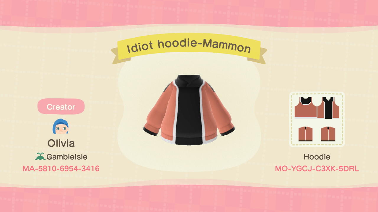 Animal Crossing Design Code: MO-YGCJ-C3XK-5DRL Idiot hoodie-Mammon