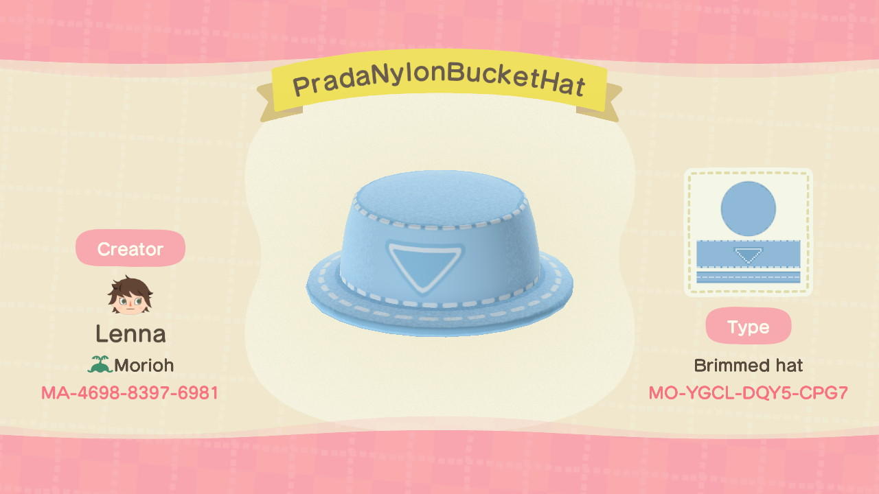 Animal Crossing Design Code: MO-YGCL-DQY5-CPG7 Prada NylonBucketHat