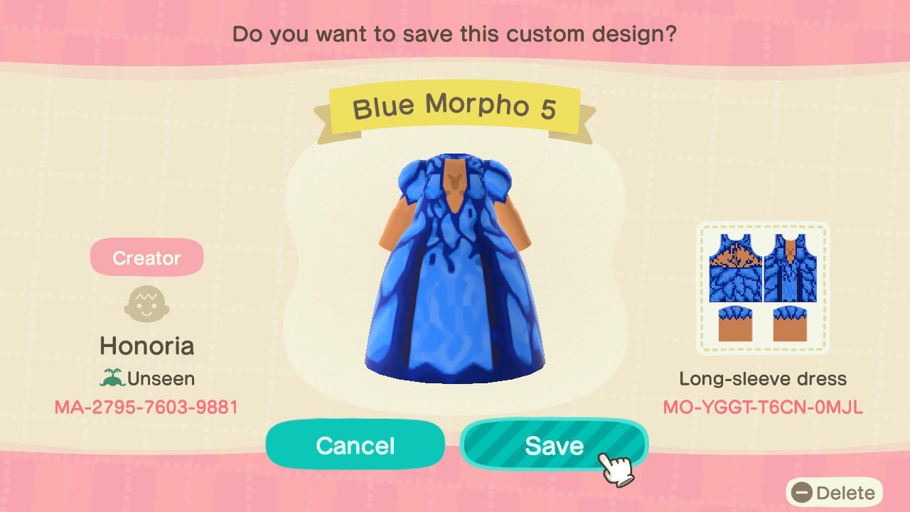 Animal Crossing Design Code: MO-YGGT-T6CN-0MJL Blue Morpho 5