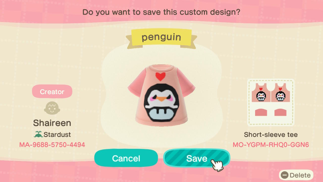 Animal Crossing Design Code: MO-YGPM-RHQ0-GGN6 penguin