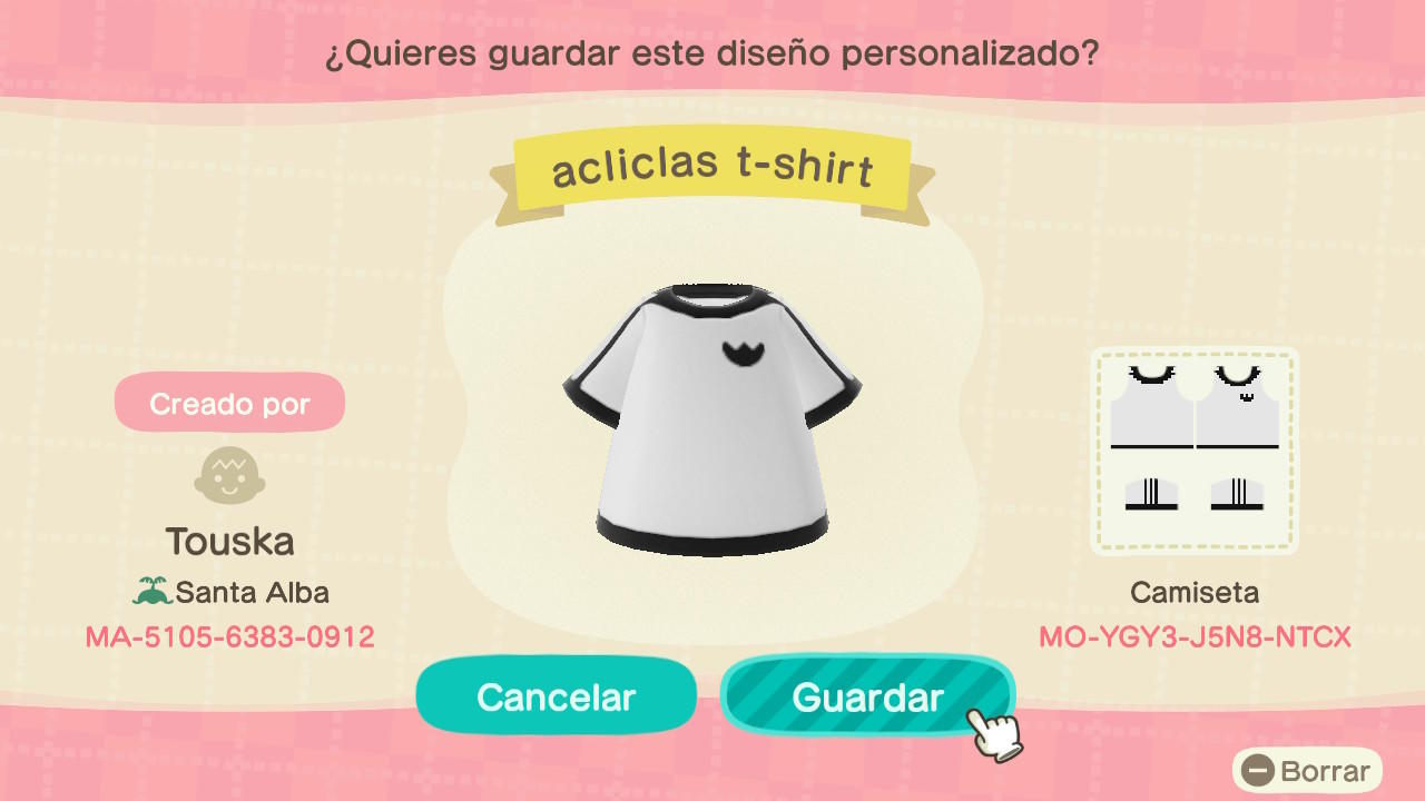 Animal Crossing Design Code: MO-YGY3-J5N8-NTCX acliclas t-shirt