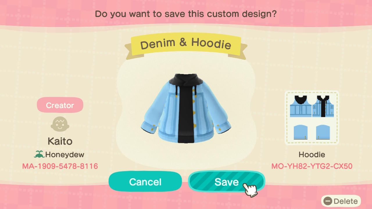 Animal Crossing Design Code: MO-YH82-YTG2-CX50 Denim & Hoodie