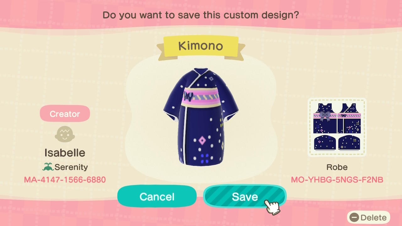 Animal Crossing Design Code: MO-YHBG-5NGS-F2NB Kimono