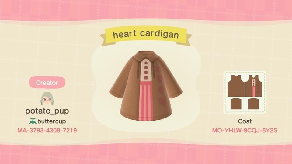 Animal Crossing Design Code: MO-YHLW-9CQJ-5Y2S Heart Cardigan