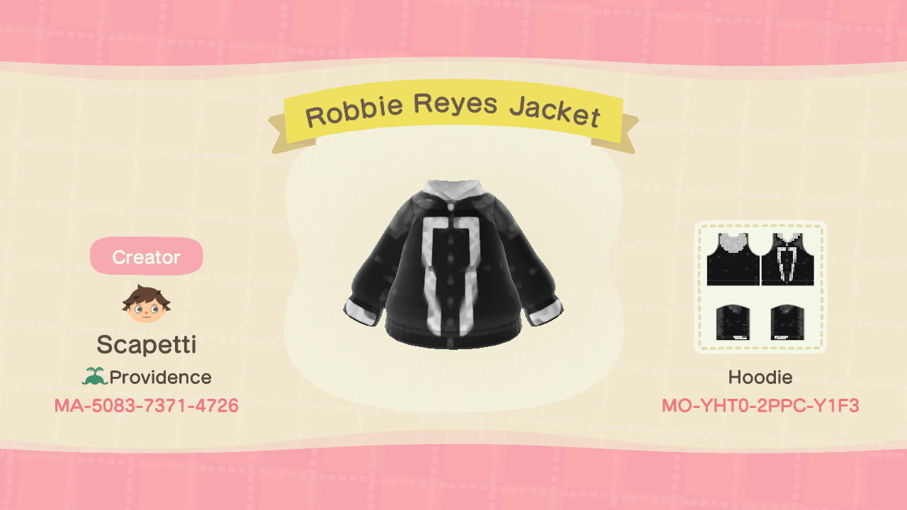 Animal Crossing Design Code: MO-YHT0-2PPC-Y1F3 Robbie Reyes Jacket
