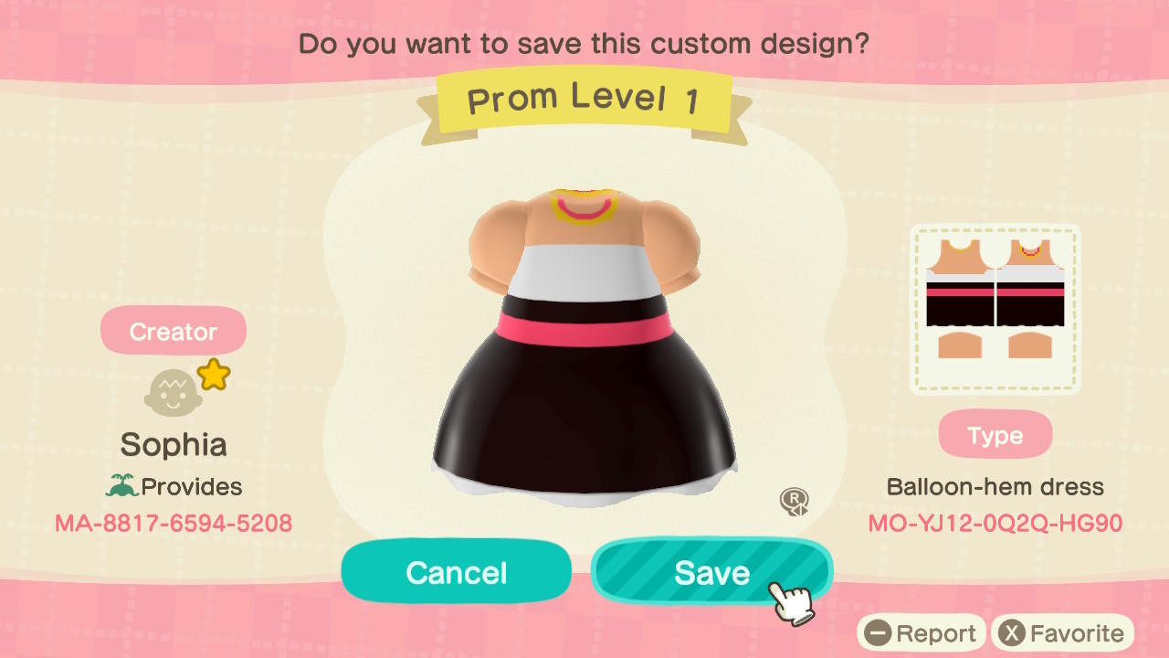 Animal Crossing Design Code: MO-YJ12-0Q2Q-HG90 Prom Level 1