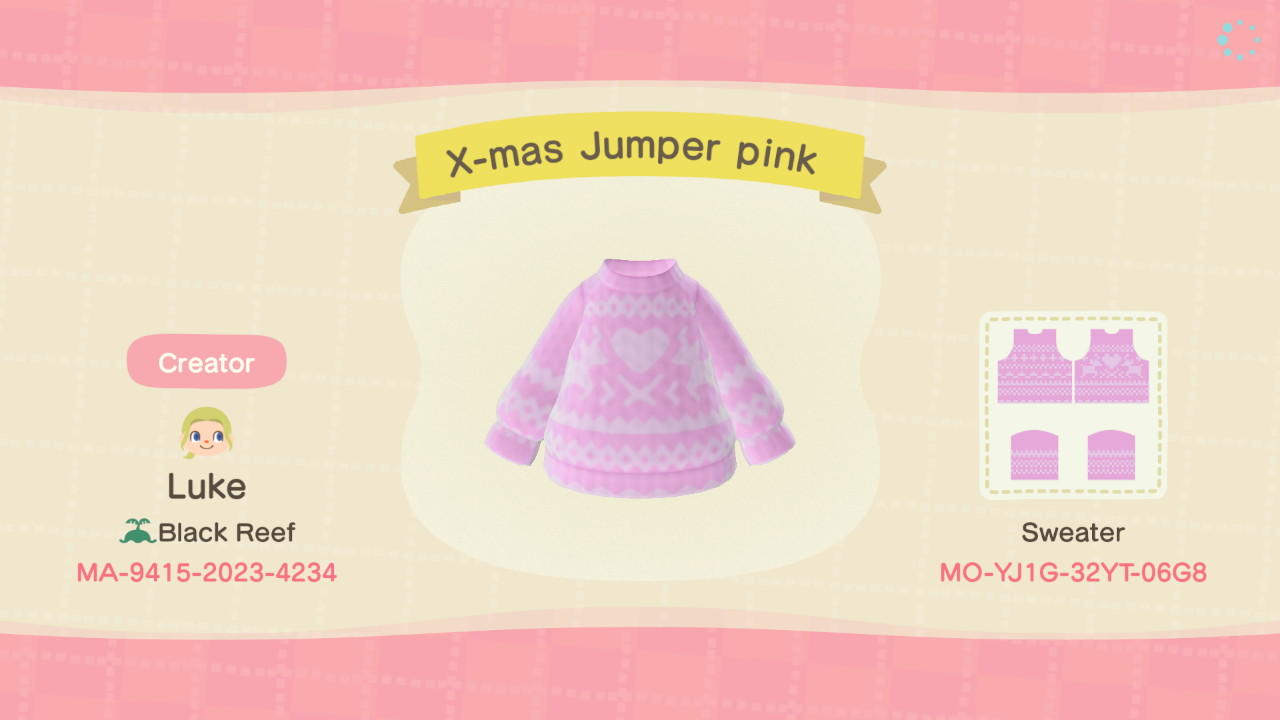 Animal Crossing Design Code: MO-YJ1G-32YT-06G8 X-max jumper pink
