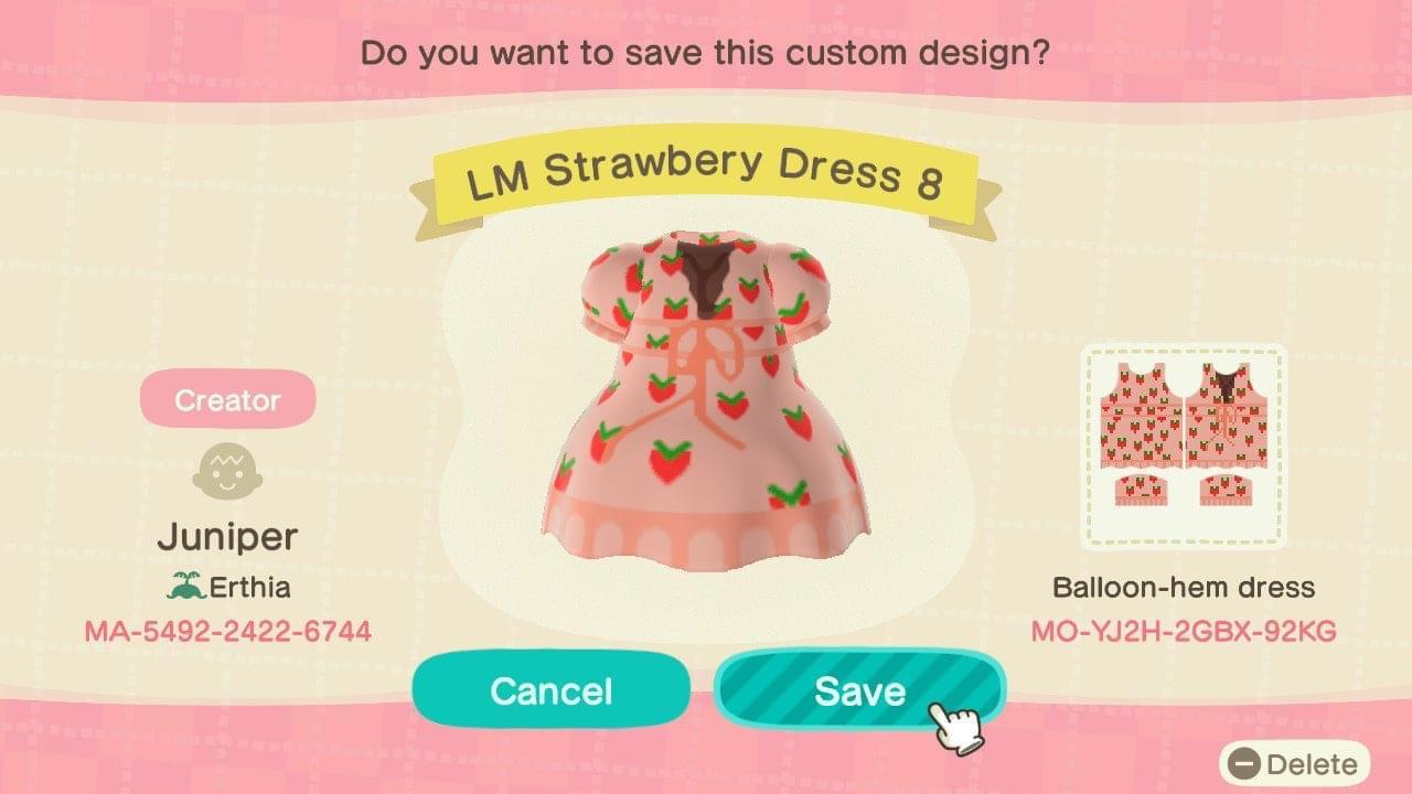 Animal Crossing Design Code: MO-YJ2H-2GBX-92KG LM Strawberry Dress
