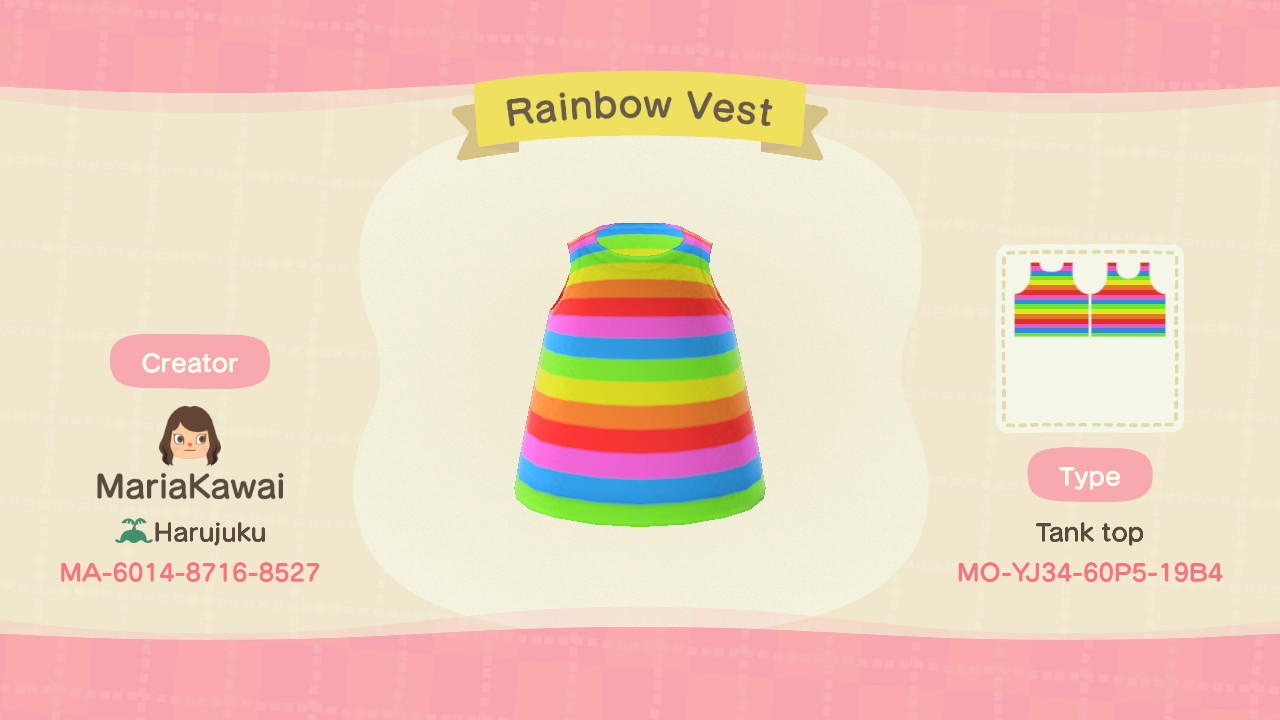 Animal Crossing Design Code: MO-YJ34-60P5-19B4 Rainbow Vest