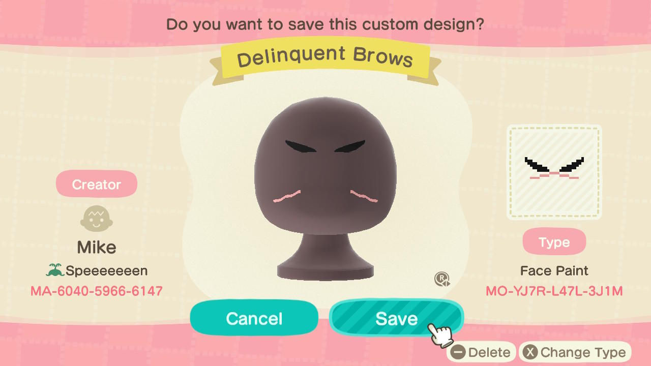 Animal Crossing Design Code: MO-YJ7R-L47L-3J1M Delinquent Brows