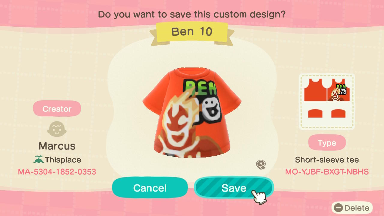 Animal Crossing Design Code: MO-YJBF-BXGT-NBHS Heatblast V1 Ben 10