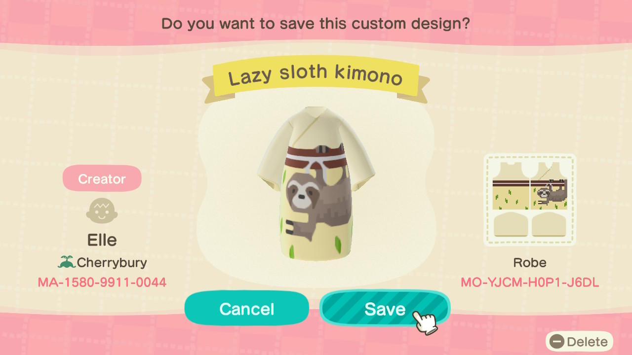 Animal Crossing Design Code: MO-YJCM-H0P1-J6DL Lazy sloth kimono
