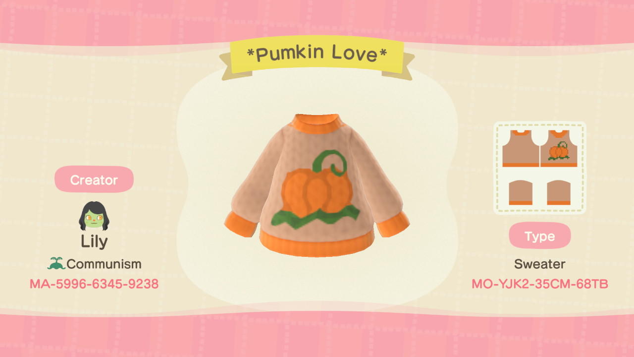Animal Crossing Design Code: MO-YJK2-35CM-68TB Pumpkin Love Sweater