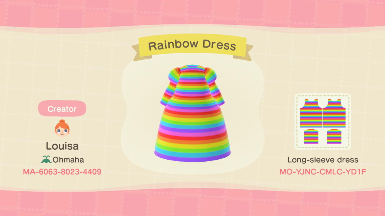 Animal Crossing Design Code: MO-YJNC-CMLC-YD1F Rainbow Dress