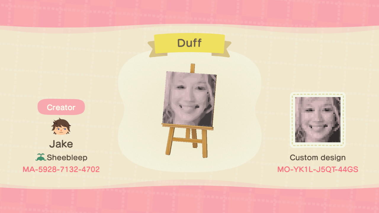 Animal Crossing Design Code: MO-YK1L-J5QT-44GS Duff