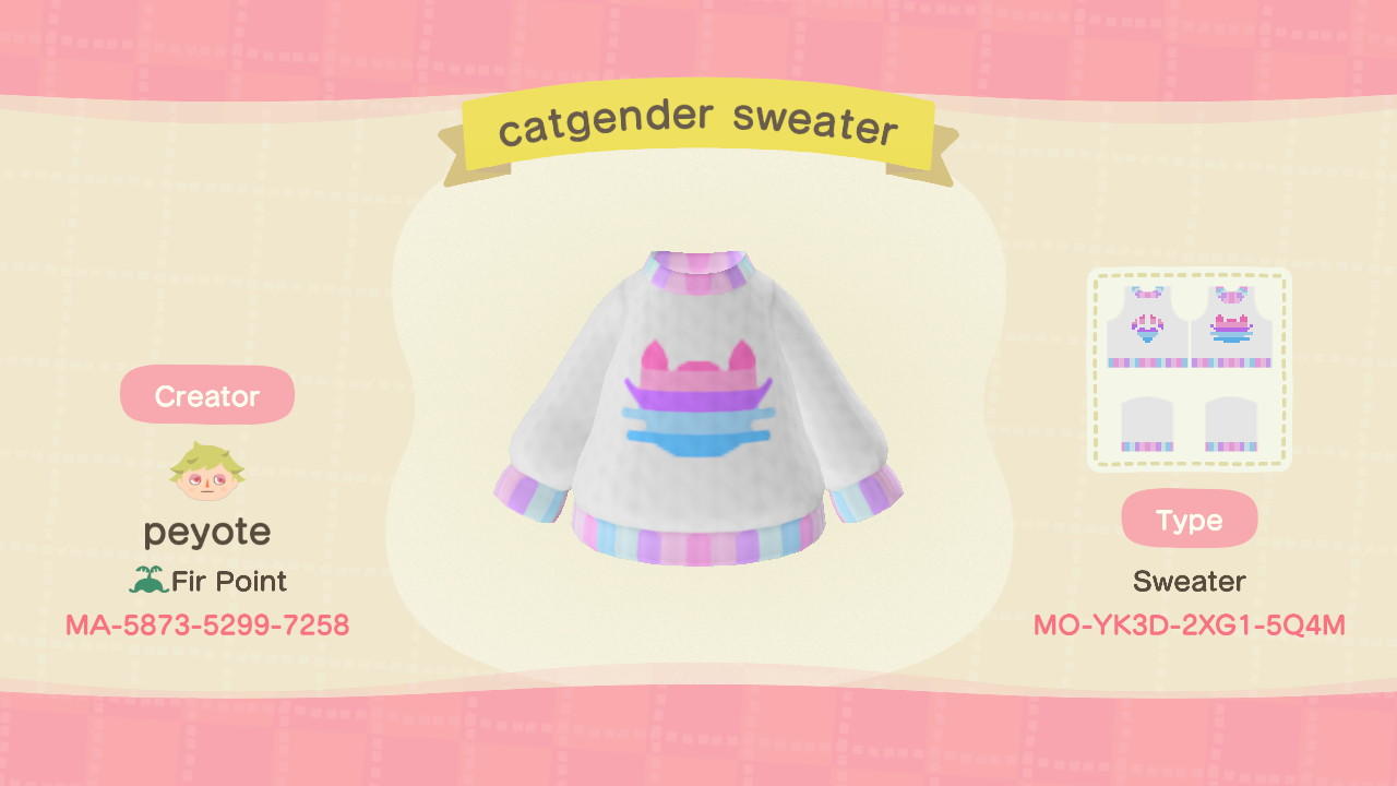 Animal Crossing Design Code: MO-YK3D-2XG1-5Q4M catgender sweater