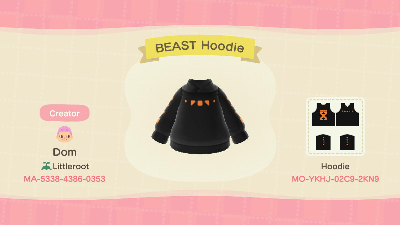 Animal Crossing Design Code: MO-YKHJ-02C9-2KN9 BEAST Hoodie