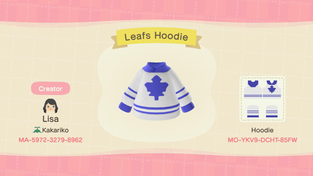 Animal Crossing Design Code: MO-YKV9-DCHT-85FW Leafs Hoodie